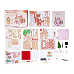 Potager Soap Co. Hello Kitty wooden gingerbread house DIY craft kit with pre-cut pieces, stickers, and tools.
