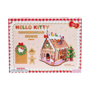 Potager Soap Co. Hello Kitty wooden gingerbread house DIY kit box featuring a festive 3D miniature craft project