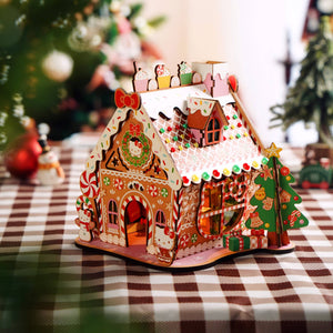 Potager Soap Co. Hello Kitty wooden gingerbread house DIY kit with festive candy decorations and LED lighting