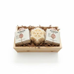 Potager Soap Co. holiday gift set featuring two organic soap bars and a snowflake soap in a rustic wooden tray.
