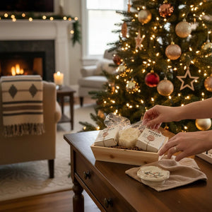 Potager Soap Co. holiday gift set with organic soap bars in a wooden tray, displayed near a decorated Christmas tree.