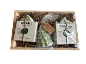 Potager Soap Co. holiday gift set featuring two organic soap bars and a festive tree-shaped soap in a wood tray.
