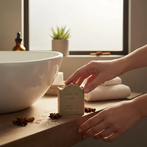 Hand holding a Potager Soap Co. Holiday Spice artisan soap bar on a wooden bathroom counter with star anise.