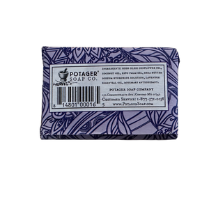 Potager Soap Co. Everyday Lavender bar soap in purple patterned paper packaging with ingredient label and barcode