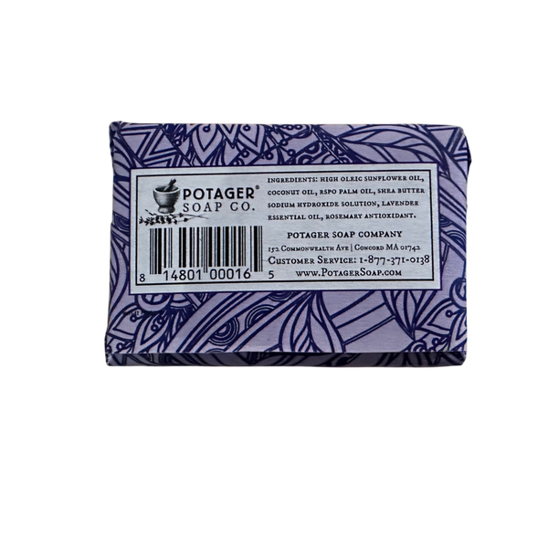 Potager Soap Co. Everyday Lavender bar soap in purple patterned paper packaging with ingredient label and barcode