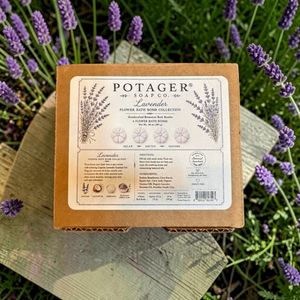Potager Soap Co. Lavender Flower Bath Bomb Collection box set displayed outdoors surrounded by fresh lavender plants.