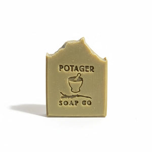 Potager Soap Co. artisanal lavender and patchouli botanical bar soap with a stamped mortar and pestle logo