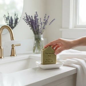 Hand holding a Potager Soap Co. lavender and patchouli botanical bar soap over a white ceramic dish in a bright bathroom