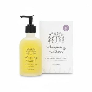 Potager Soap Co. Whispering Willow lavender liquid hand soap in a frosted glass bottle with a pump and matching box.