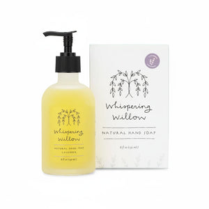 Potager Soap Co. Whispering Willow lavender liquid hand soap in a frosted glass bottle with a pump next to its box.