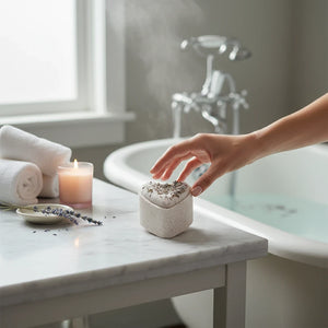 Potager Soap Co. heart-shaped French lavender bath bomb with dried botanicals held by a hand in a serene bathroom.