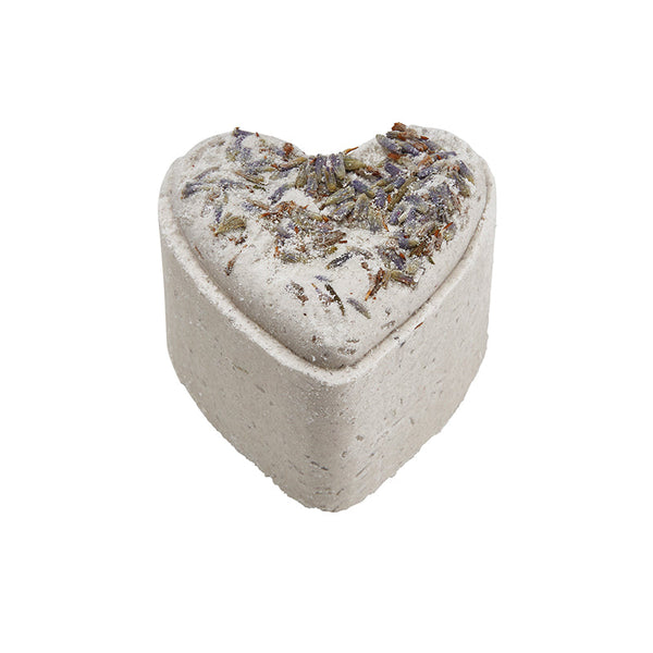Potager Soap Co. heart-shaped bath bomb with organic French lavender buds on a white background