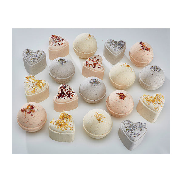 Potager Soap Co. assorted heart and sphere shaped bath bombs with dried flower petals and organic lavender