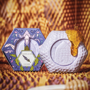 Potager Soap Co. Baudelaire lavender honey soap bar with hexagonal embossed beehive design and golden honey drizzle