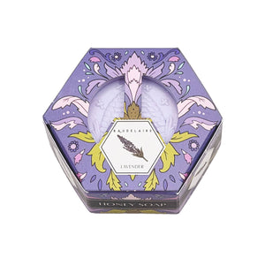 Potager Soap Co. BAUDELAIRE lavender honey soap bar in a decorative hexagonal purple box with floral illustrations.