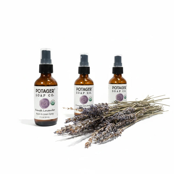 Potager Soap Co. French Lavender room and linen spray in amber glass bottles with dried lavender sprigs
