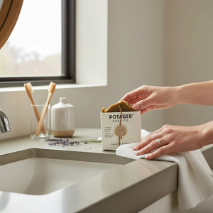 Potager Soap Co. Lavender Patchouli organic bar soap held by a hand in a bright, modern bathroom setting.