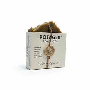 Potager Soap Co. Lavender Patchouli organic bar soap in eco-friendly paper packaging with rustic twine and wax seal.