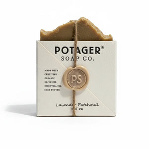 Potager Soap Co. Lavender Patchouli organic bar soap in eco-friendly packaging with twine and a signature wax seal.