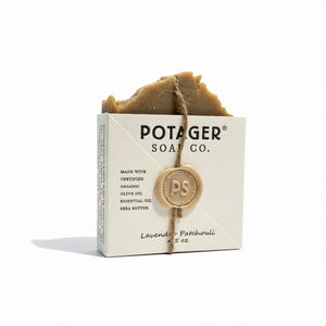 Potager Soap Co. lavender patchouli organic bar soap in eco-friendly packaging with twine and a wax seal.
