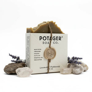 Potager Soap Co. lavender patchouli organic bar soap wrapped in eco-friendly paper with twine and a wax seal