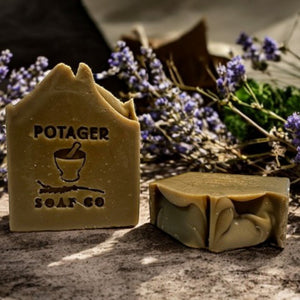 Potager Soap Co. lavender patchouli organic bar soap with clay, featuring a rustic embossed logo and dried lavender.