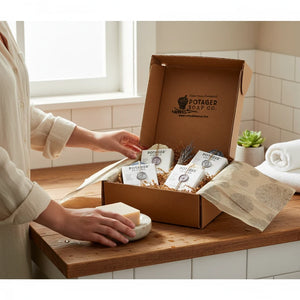 Potager Soap Co. French Lavender soap gift box set with handcrafted bars in eco-friendly packaging on a wooden counter.