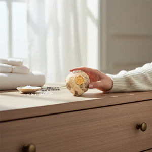 Potager Soap Co. lemongrass bath bomb wrapped in artisanal paper with a gold wax seal held on a wooden dresser.