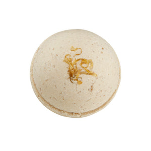 Potager Soap Co. lemongrass therapeutic bath bomb sphere with organic calendula petals on a white background