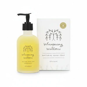 Potager Soap Co. Whispering Willow lemongrass natural hand soap in an 8oz glass bottle with a pump and matching box.