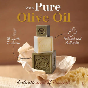 Potager Soap Co. authentic French Marseille soap cubes made with olive oil, stacked on natural paper with a sponge.