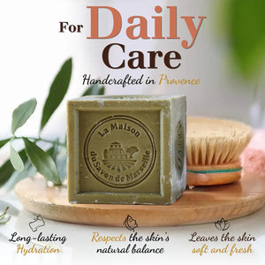 Potager Soap Co. authentic green olive oil Marseille soap cube handcrafted in Provence on a wooden tray