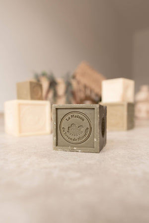 Potager Soap Co. authentic olive oil Marseille soap cube with embossed La Maison du Savon de Marseille logo