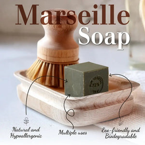 Potager Soap Co. authentic green olive oil Marseille soap cube with a wooden dish and scrubbing brush