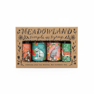 Potager Soap Co. Meadowland Simple Syrup Fox Collection gift set featuring four 1oz botanical syrup bottles in a box.