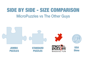 Potager Soap Co. size comparison chart showing a micro puzzle piece next to a USA dime for scale.