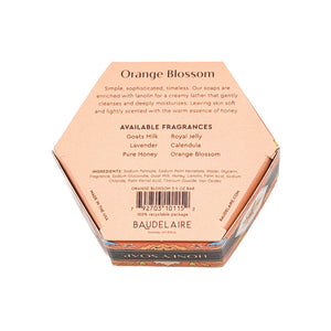 Potager Soap Co. orange blossom honey soap in a hexagonal box with folk art illustration and product details.