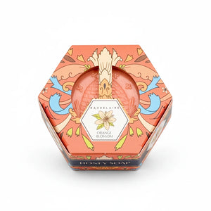 Potager Soap Co. Baudelaire orange blossom honey soap bar in a decorative hexagonal box with floral illustrations