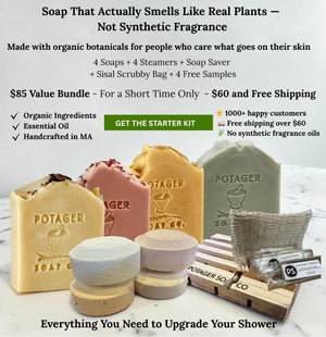Potager Soap Co. organic botanical shower starter kit with four soap bars, shower steamers, soap saver, and scrub bag.