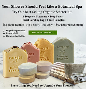 Potager Soap Co. organic botanical shower kit with four handcrafted soap bars, shower steamers, and sisal scrubby bag.