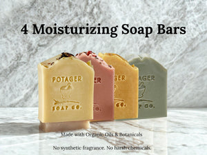 Potager Soap Co. organic botanical soap bars in four natural shades with embossed branding on a marble surface.