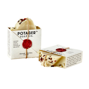 Potager Soap Co. Secret Garden organic castile soap bars with dried flower petals and a signature red wax seal.