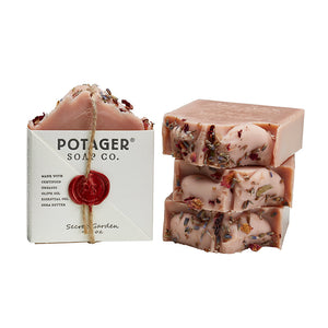 Potager Soap Co. Secret Garden organic castile soap bars with dried flower petals and a signature wax seal.