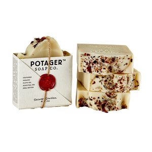 Potager Soap Co. Secret Garden organic castile soap bars with dried flower petals and signature wax seal packaging