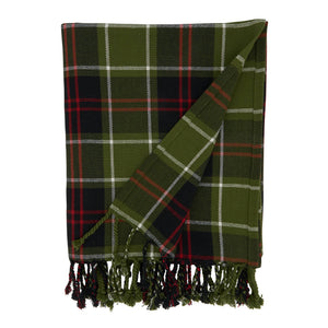 Potager Soap Co. cotton throw blanket featuring a classic olive green, black, and red plaid pattern with fringe edges.