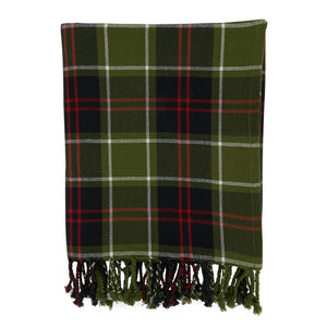 Potager Soap Co. cotton throw blanket featuring a classic olive green, black, and red plaid pattern with fringe edges.