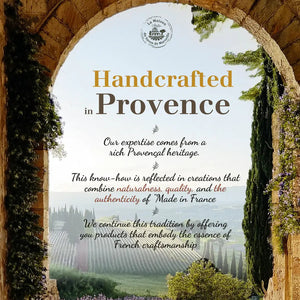 Potager Soap Co. promotional graphic featuring a scenic Provence landscape view through a stone archway