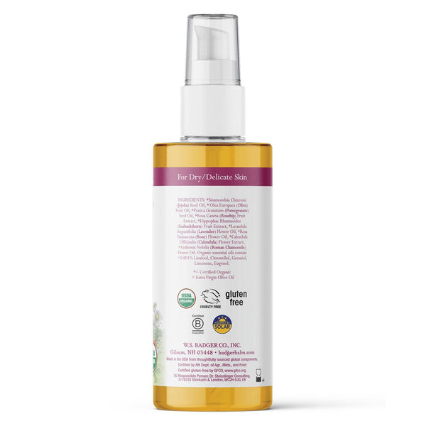 Potager Soap Co. Badger Rose Body Oil bottle back label showing organic ingredients and certifications