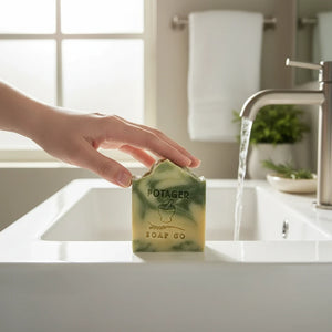 Hand holding a Potager Soap Co. rosemary lemongrass artisan soap bar with green clay swirls over a bathroom sink.