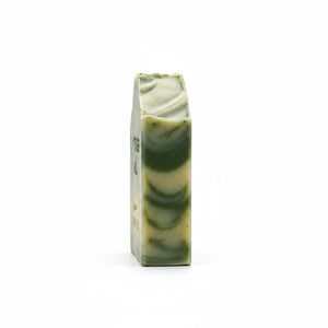 Potager Soap Co. Rosemary Lemongrass handmade artisan soap bar with green clay swirls on a white background